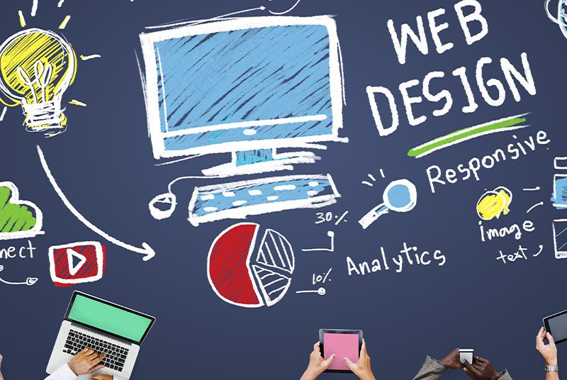 A drawing of a PC with web design strategy written around it.|A man and woman looking at code on a PC screen.|Two men at a whiteboard strategising with sun through window|A man leans on a desk working at a computer.