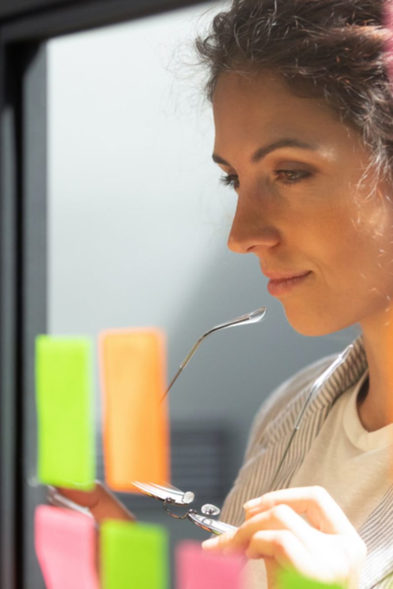 A woman using postit notes to plan an online customer journey|A website designer planning an online user journey|A woman makes a purchase online|A website design and development agency flowhart|A lady designing a website