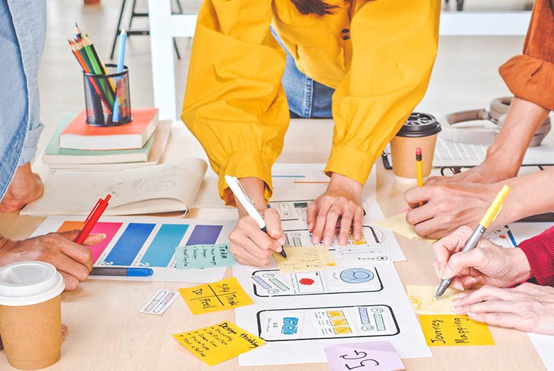 Creative Collaboration from a marketing agency like POSH|Marketing team view from above with charts and graphs|The word 'marketing' surrounded by other marketing text on a table with people on laptops.