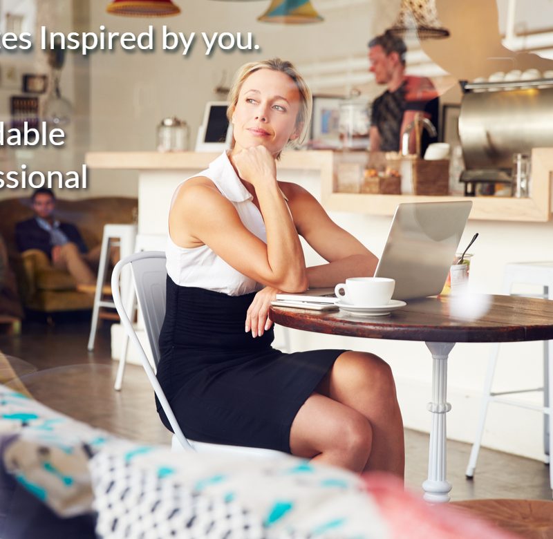 Busines woman smiling in cafe|Web design banner on computer screen|Brand brainstorm pic|Start button with key|Content word on pin board