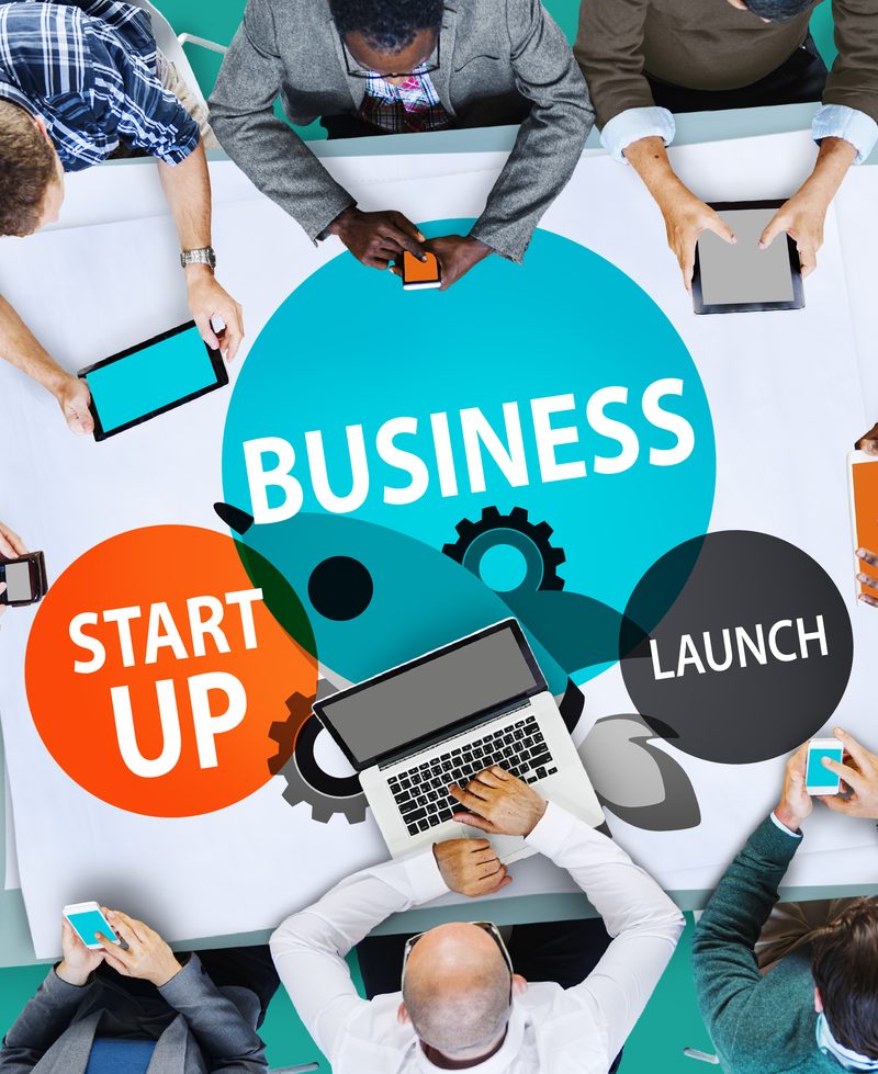 Business Start Up Launch text around people at a table|My Name Is on a blackboard|Checklist Whiteboard|Exclaim Creative Logo|Contract being signed