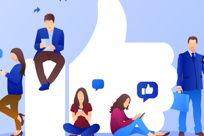 A drawing of people on their mobile phones around a Facebook 'thumbs up' icon|A woman on her phone with images superimposed on her like social media avatars|The globe in a digital world with photos of faces surrounding it like satellites.