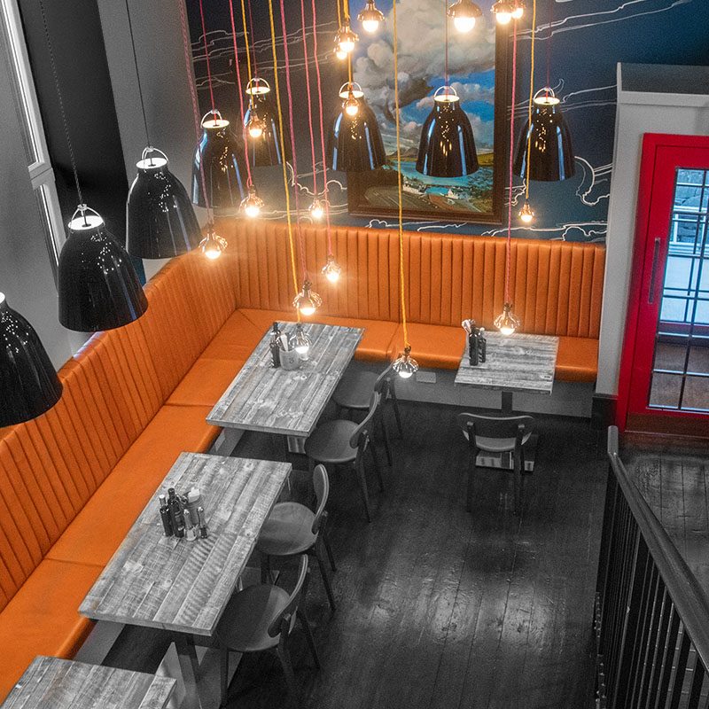 The inside of the restaurant of Peatzeria on Islay