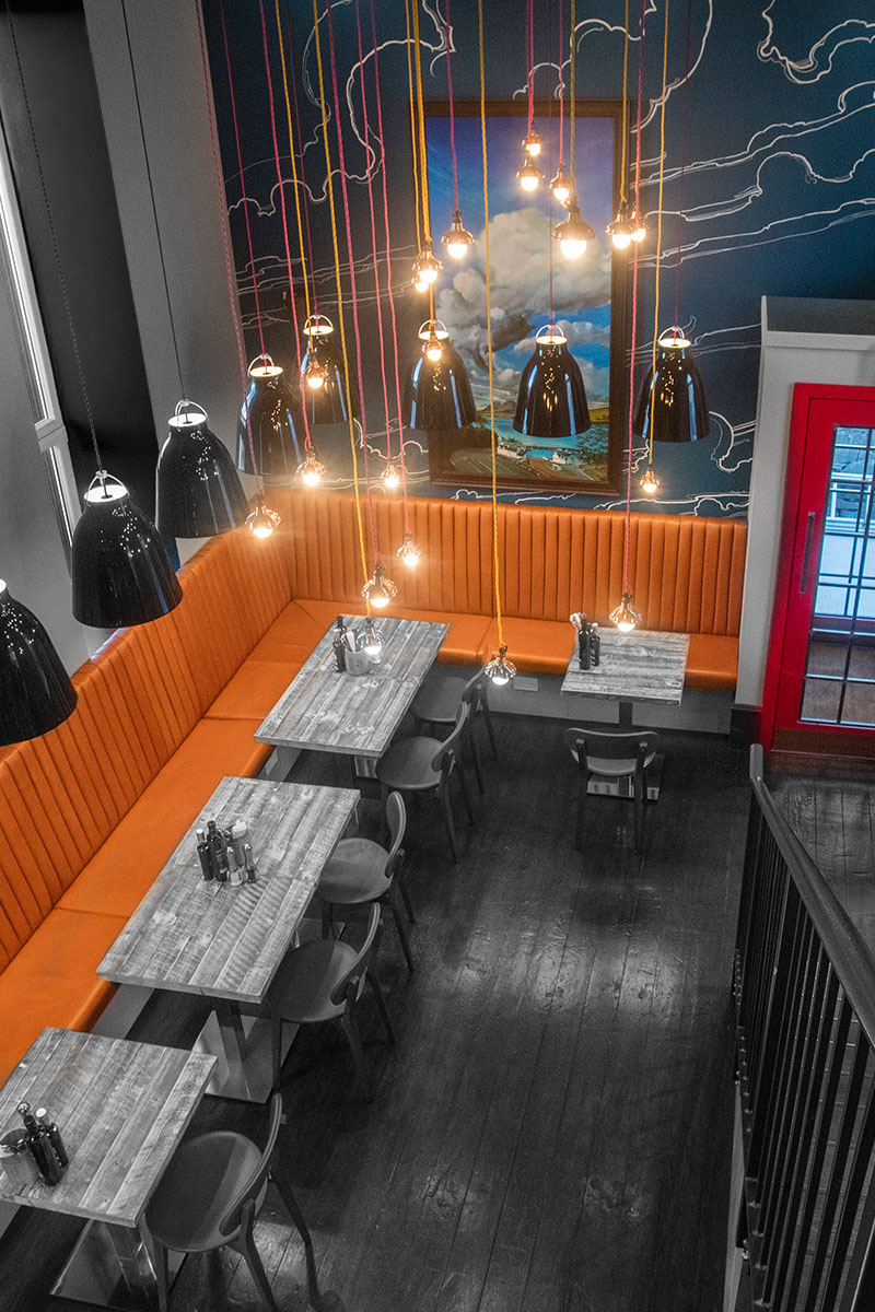 The inside of the restaurant of Peatzeria on Islay