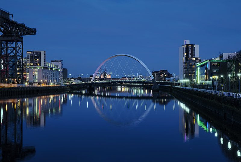 The River Clyde in Glasgow at night.